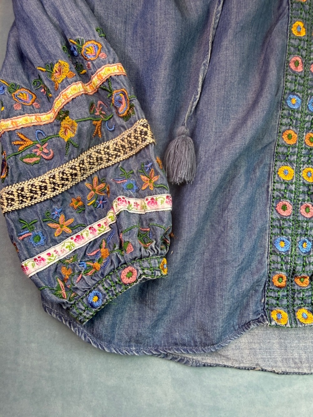 Embroidered Denim Peasant Blouse by Chelsea & Theodore - Picture 4 of 8